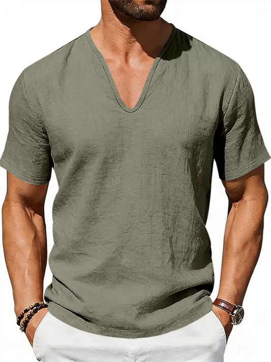 Men's Full Size Casual V-Neck Linen T-Shirt Plus Size
