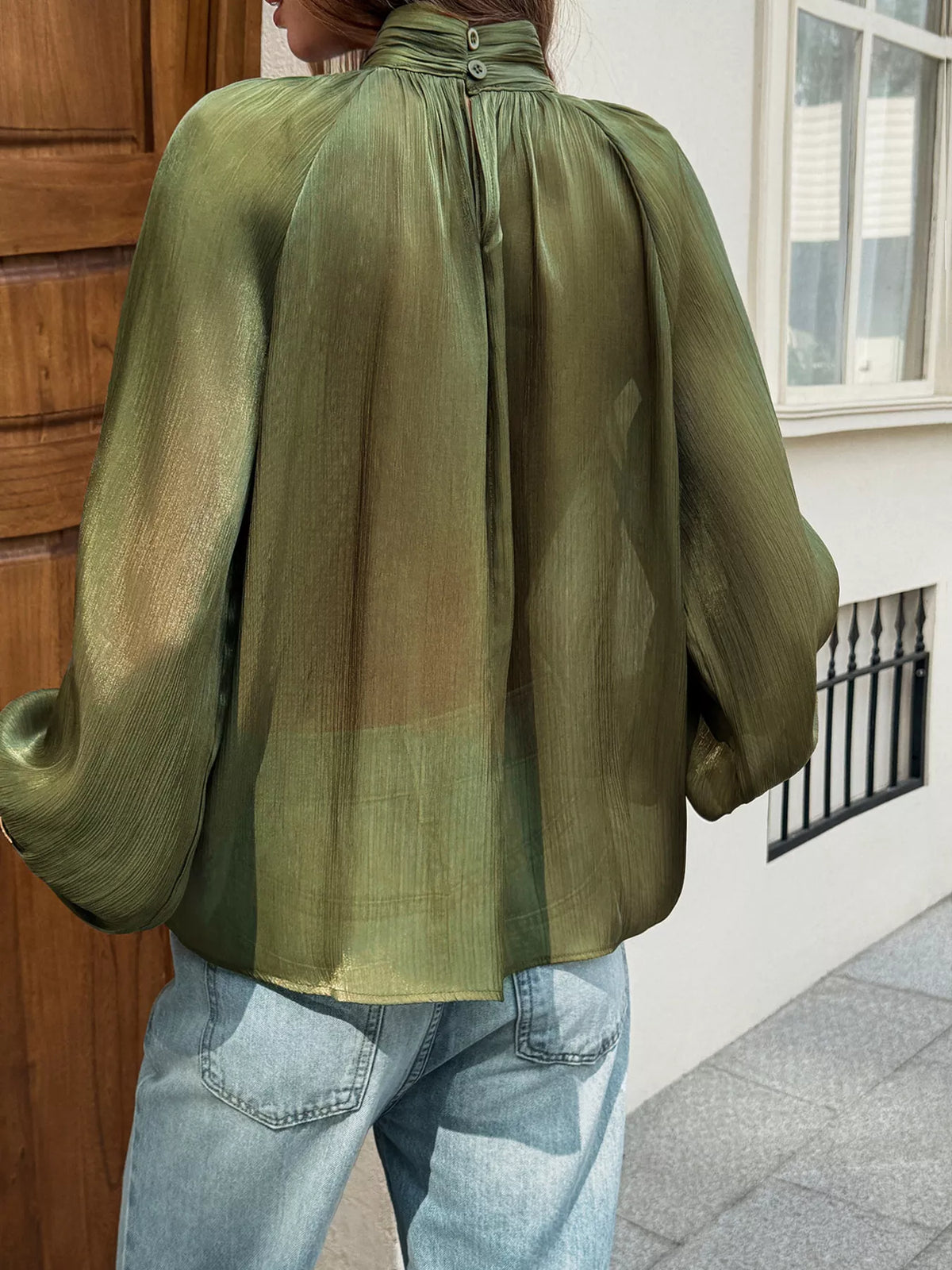 Mock Neck Lantern Sleeves Blouse