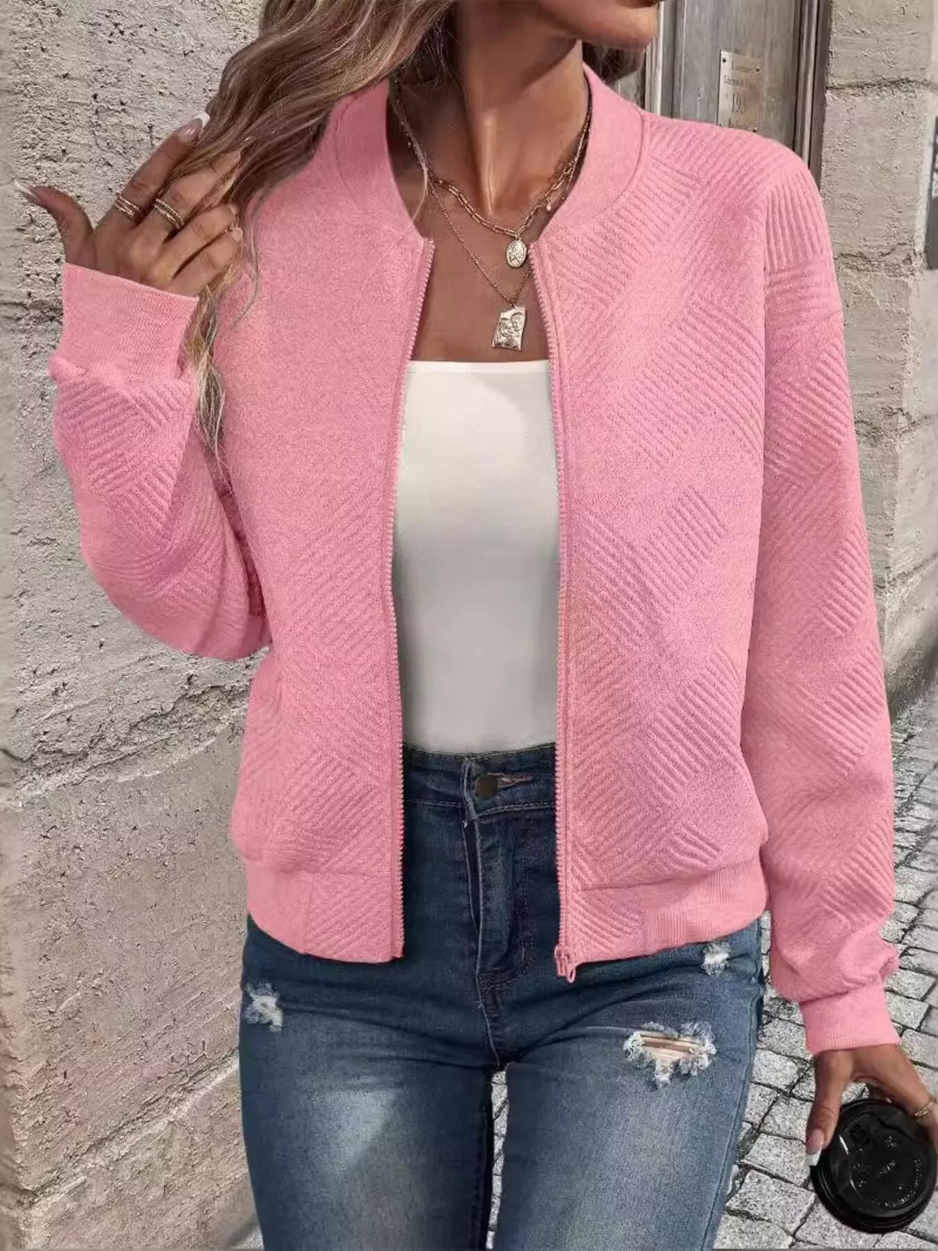 Textured Knit Zip-Up Jacket