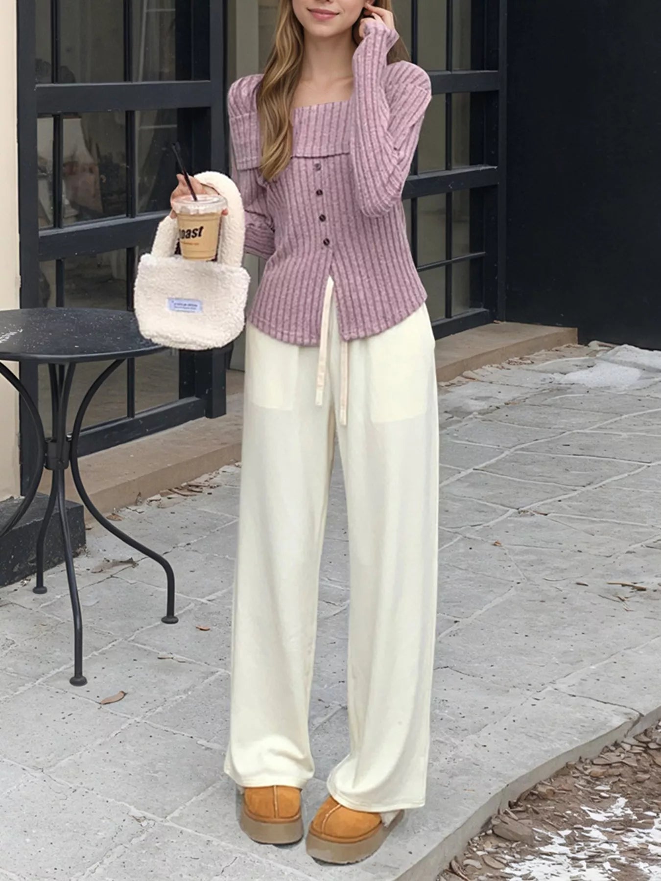 Ribbed Square Neck Long Sleeve Top