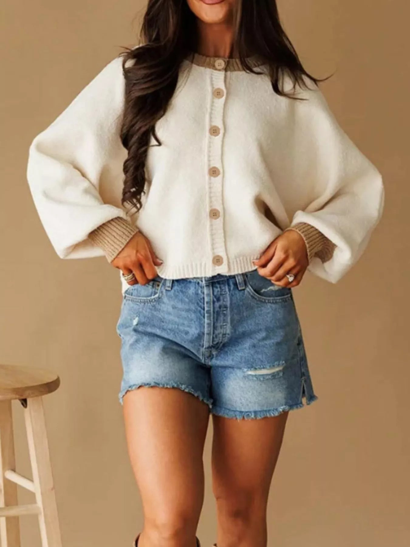 Button-Front Knit Cardigan with Contrast Trim