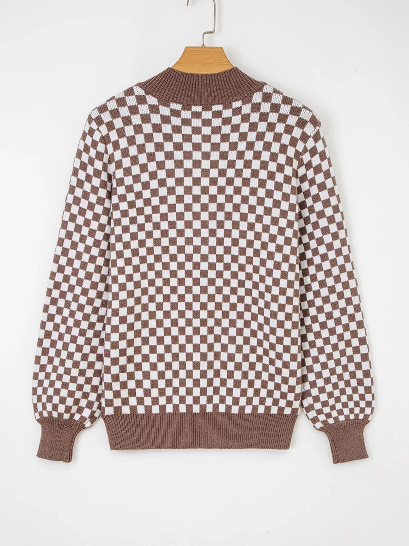 Half Button Ribbed Trim Checkerboard Knit Sweater