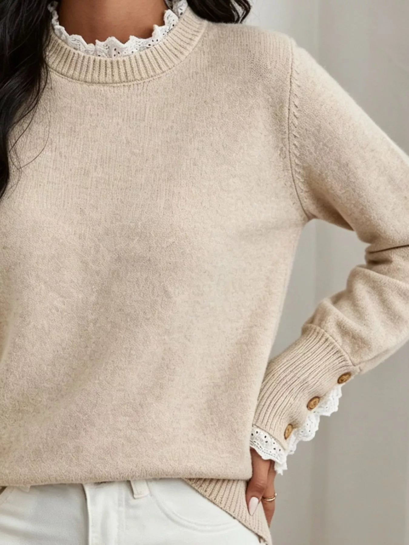 Lace Trim Mock Neck Sweater