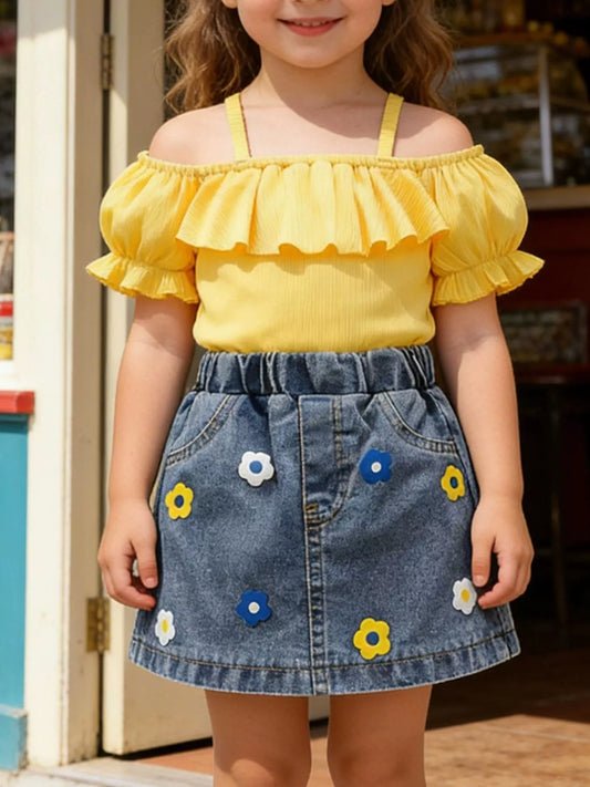 Children's Ruffle Top and Floral Denim Skirt Set