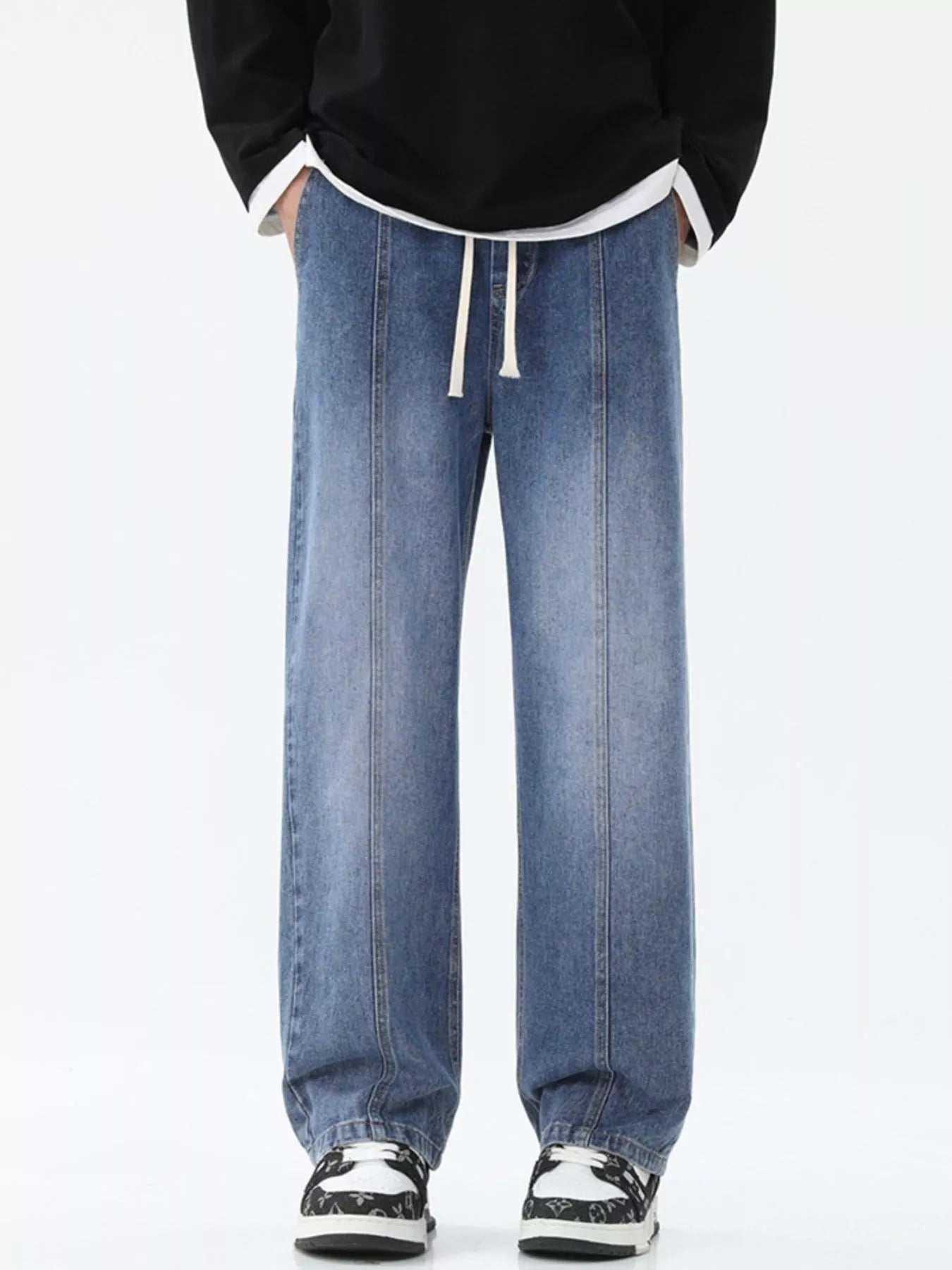 Men's Full Size Relaxed Fit Wide Leg Drawstring Jeans Plus Size