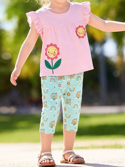 Children's Flower Appliqué Top & Rainbow Print Capri Set