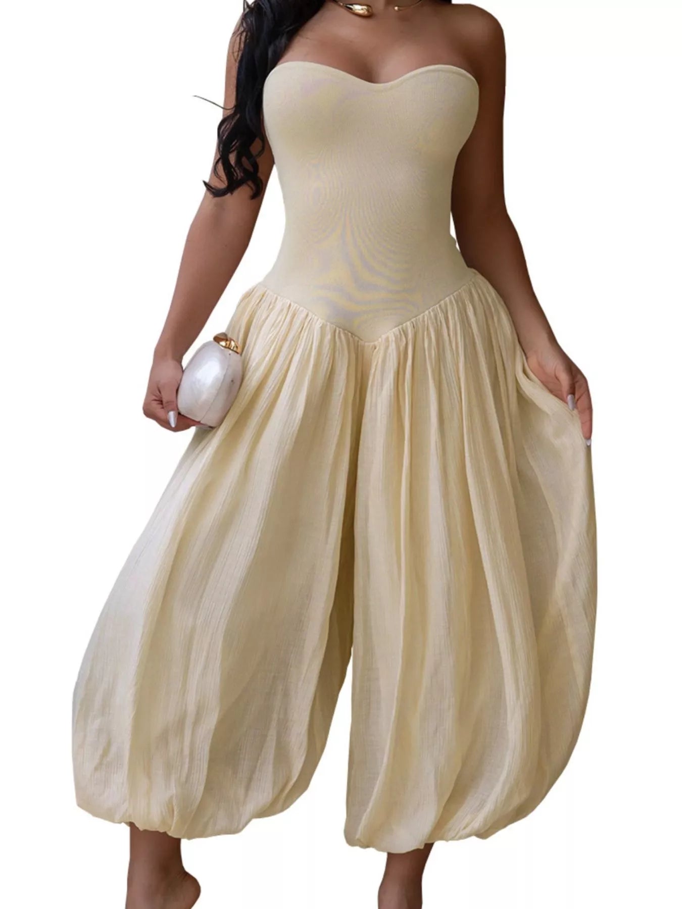 Strapless Ruched Wide-Leg Jumpsuit