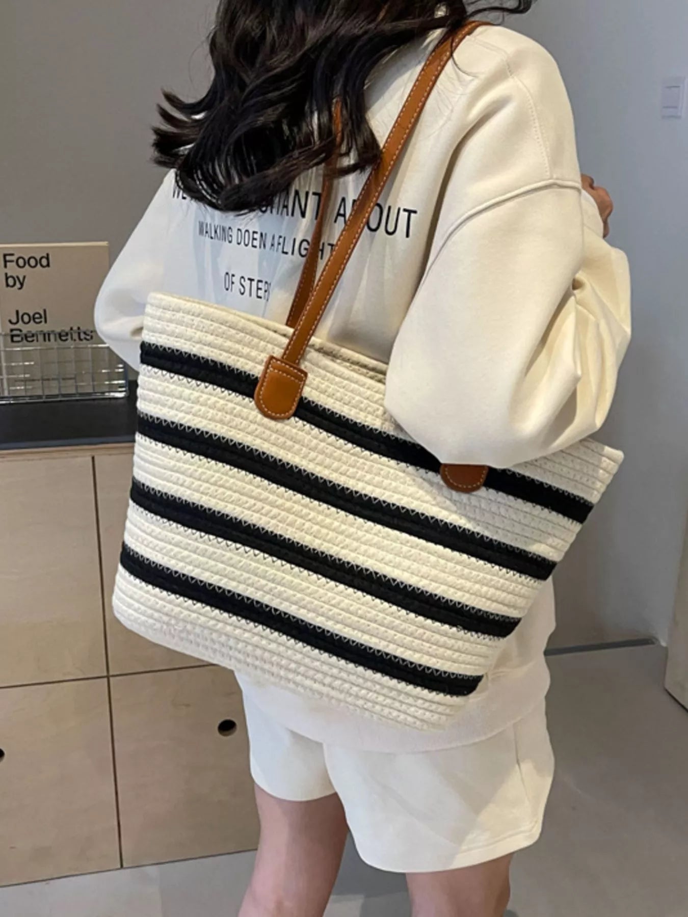 Striped Straw Tote Bag