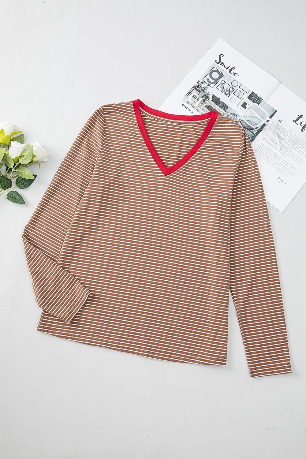 Stripe V Neck Stretchy Long Sleeve Top