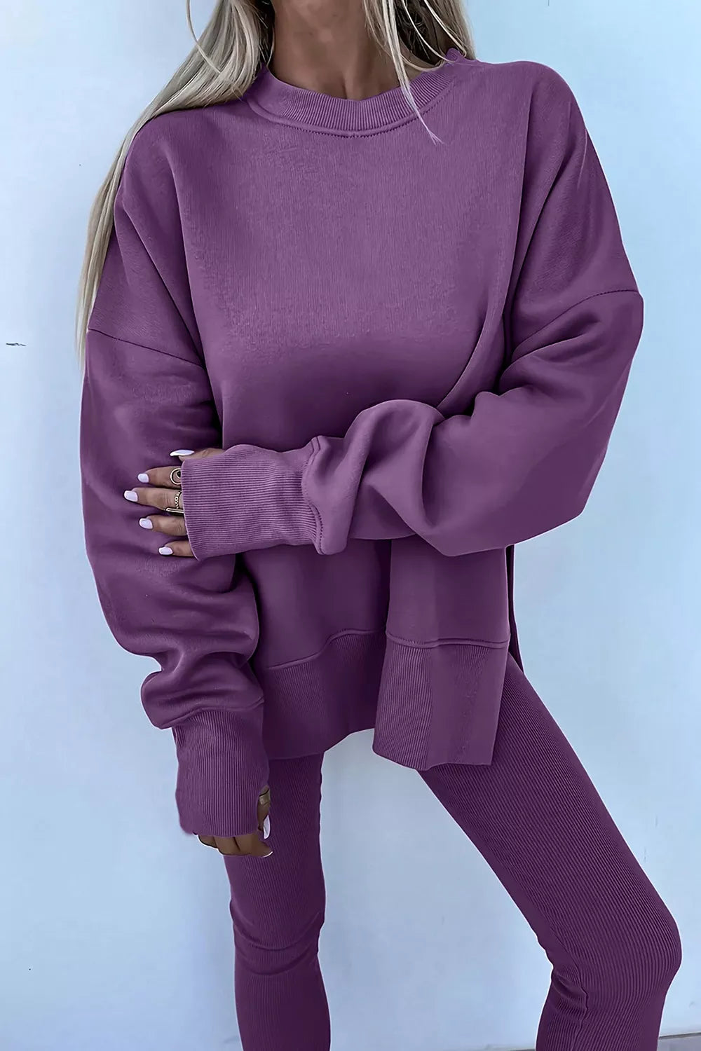 Side Slit Long Sleeve Sweatshirt and Pants Set