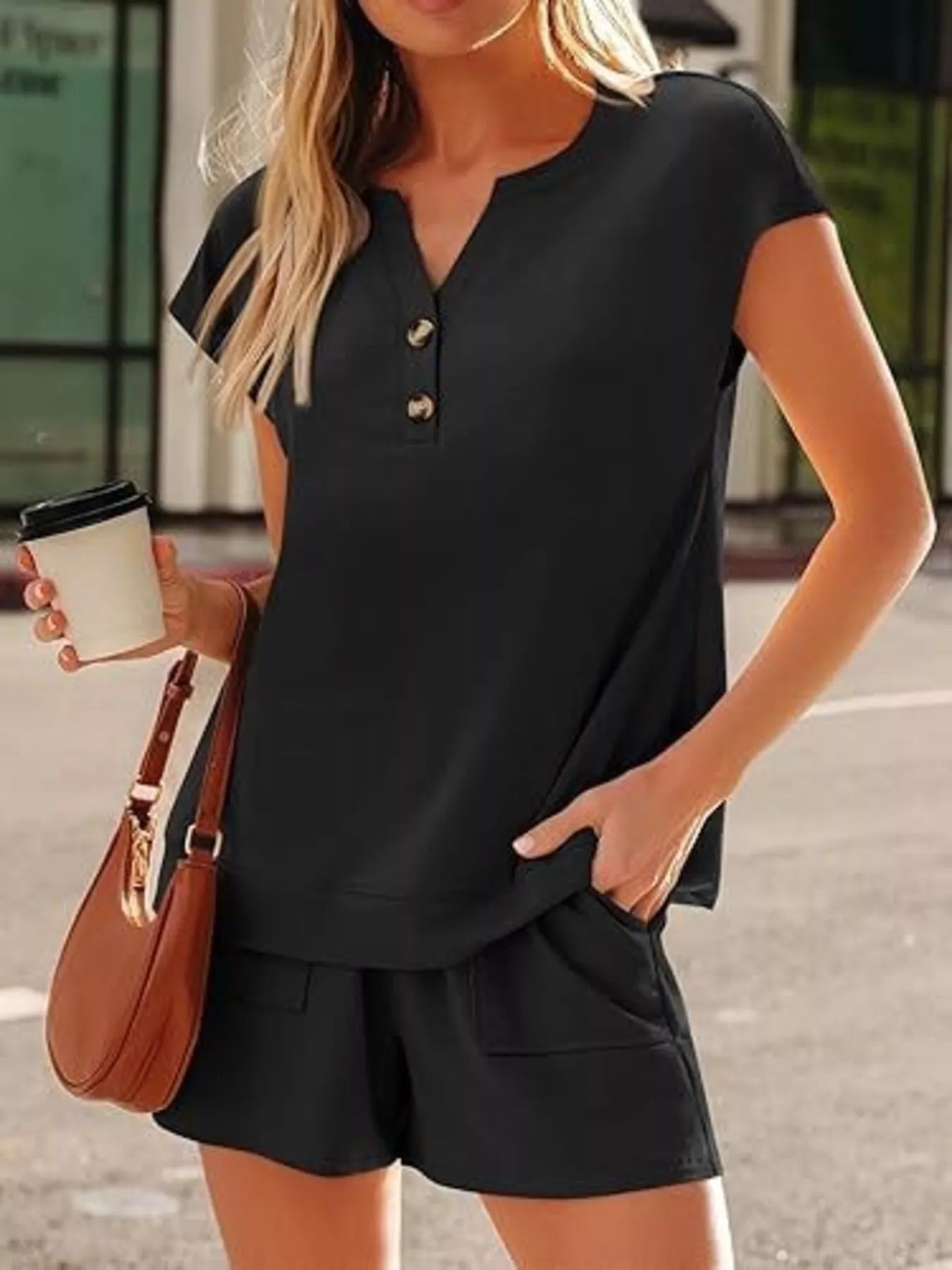 Button Detail Short Sleeve Top and Shorts Set