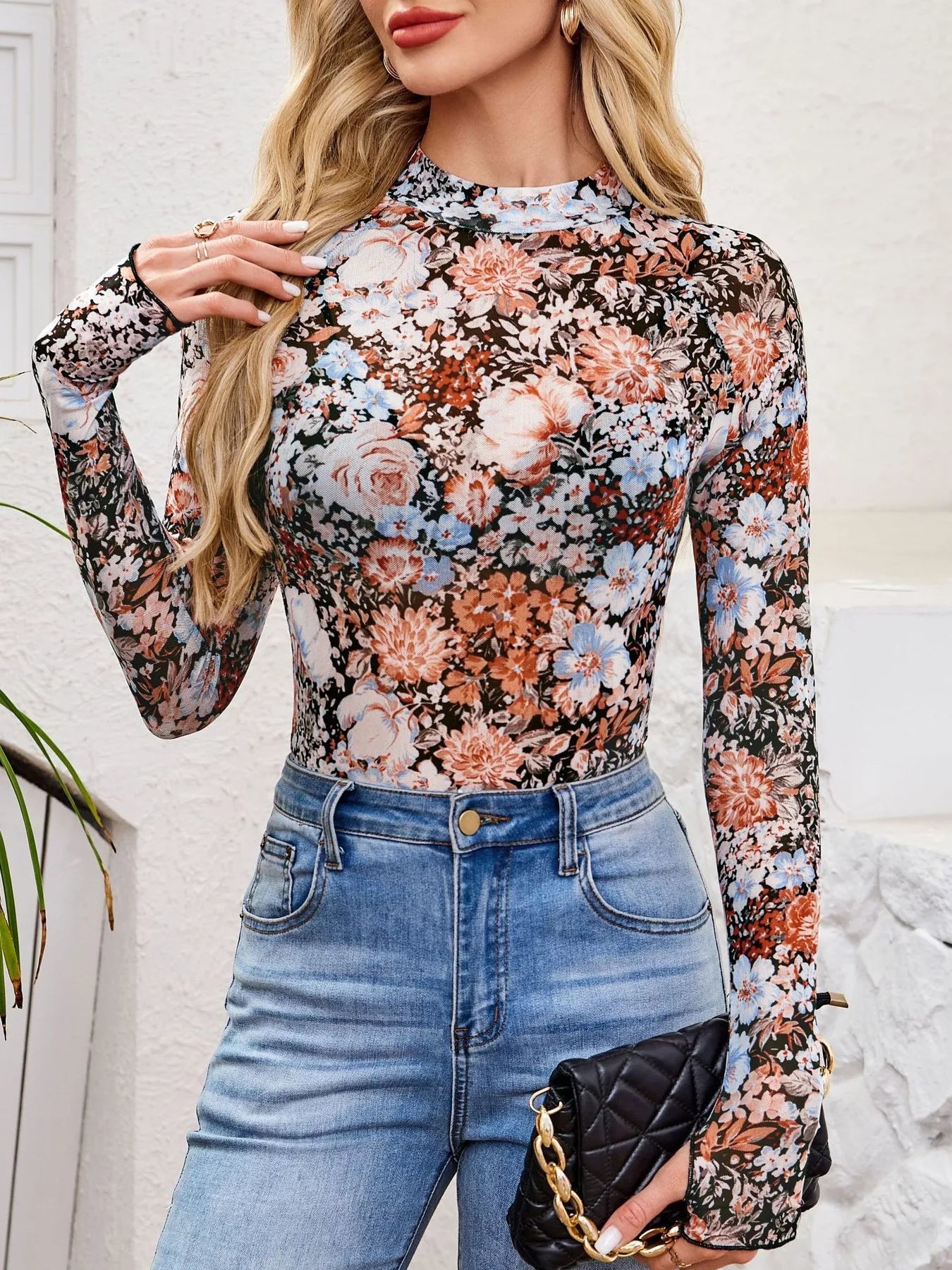 Sheer Mock Neck Long Sleeve Top