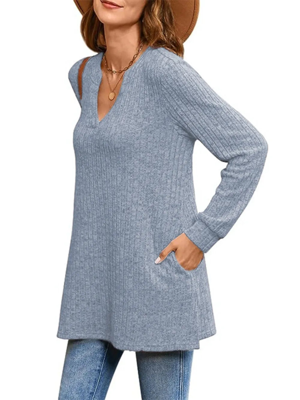 Ribbed Notched Long Sleeve T-Shirt