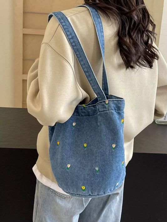 Floral Embroidered Denim Handbag