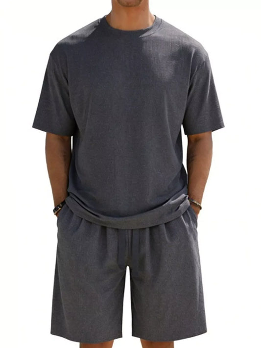 Men's Full Size Casual Striped Top and Shorts Set Plus Size