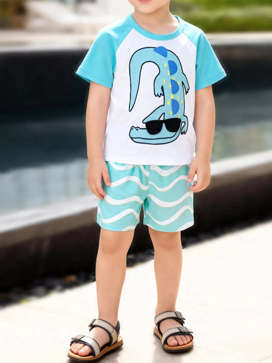 Children's Animal Round Neck Top and Shorts Set