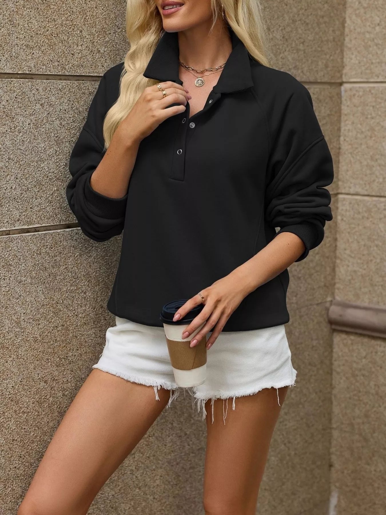 Button Detail Dropped Shoulder Sweatshirt