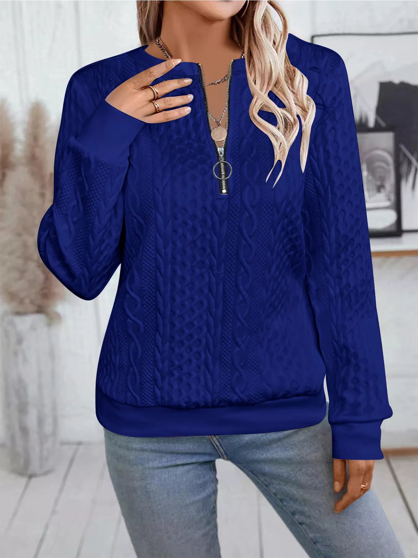 Chic Cable Texture Quarter-Zip Sweatshirt