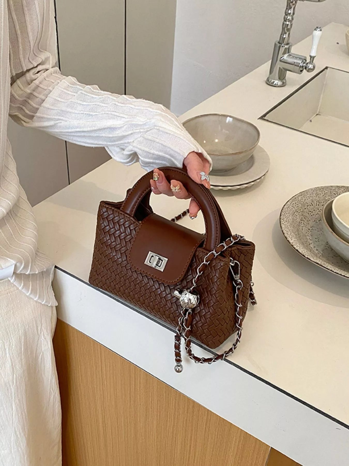 Woven Texture Crossbody Bag with Chain Strap