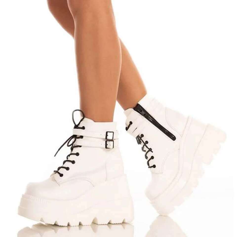 Women's Lace-Up Platform Ankle Boots with Buckle Straps