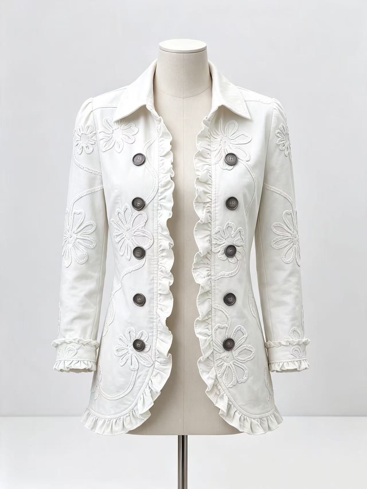 Floral Embroidered Ruffle Trim Double-Breasted Boho Jacket