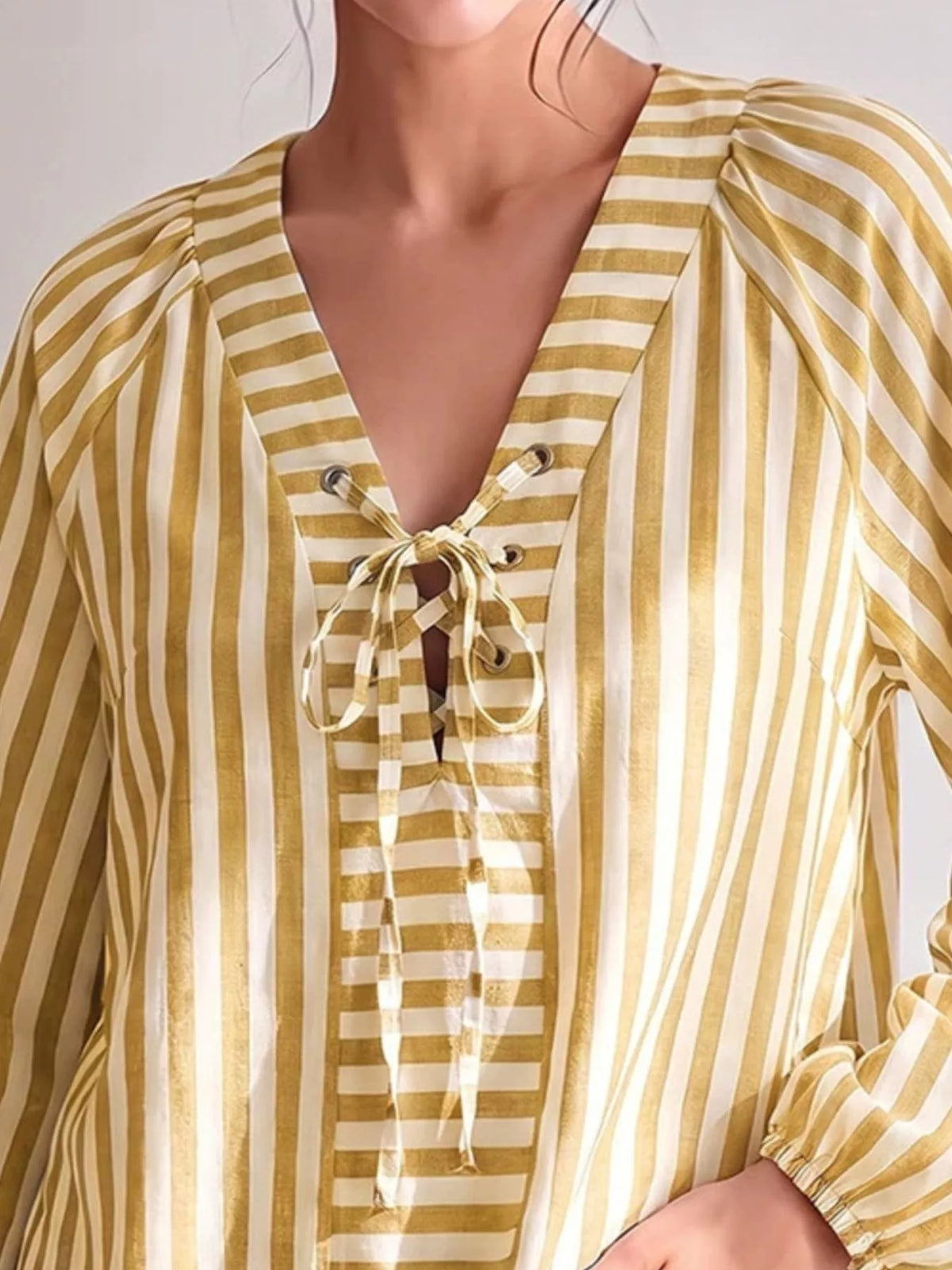 Striped Tie Front Long Sleeve Blouse
