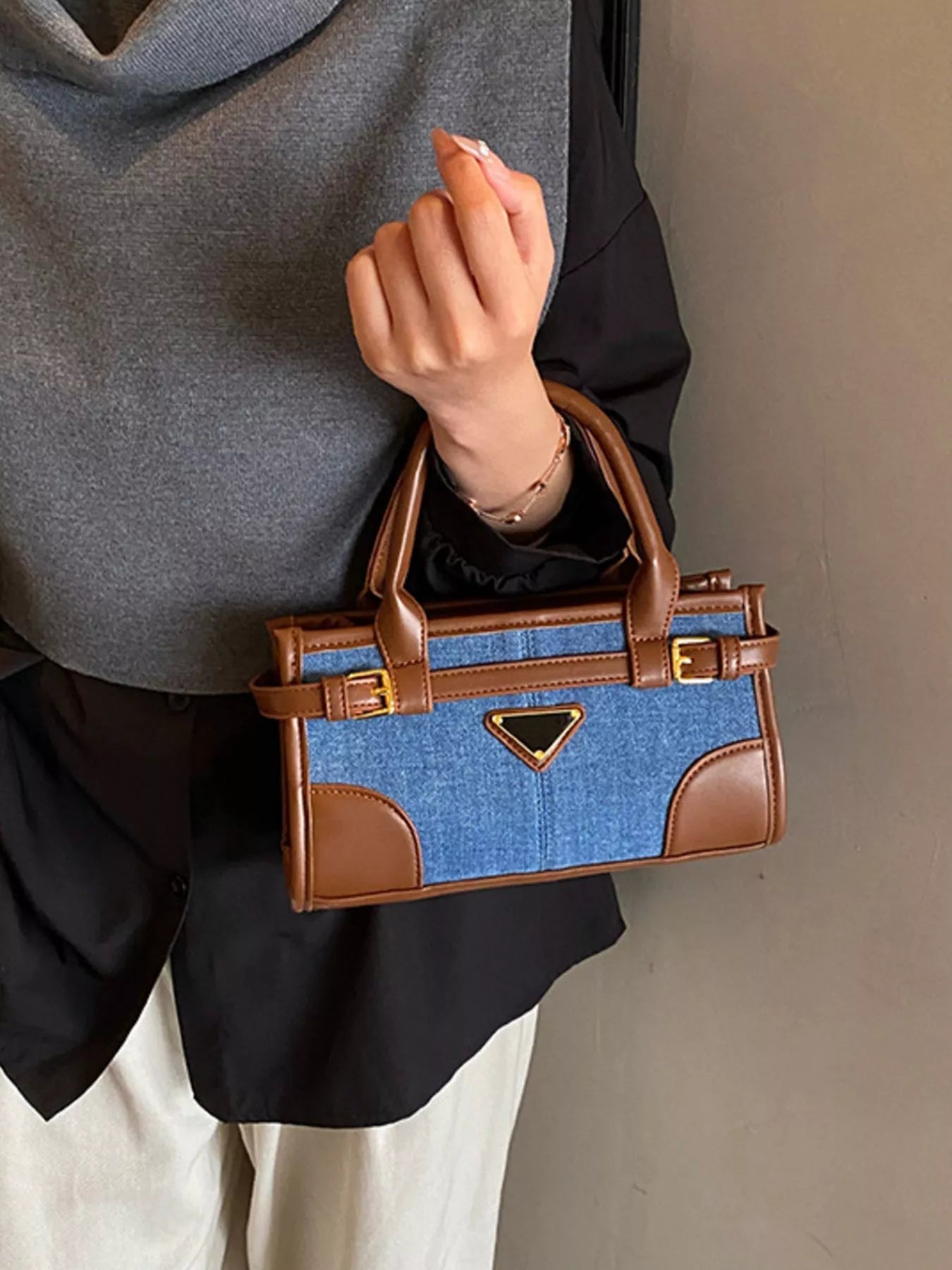 Denim Patchwork Buckle Decor Crossbody Bag