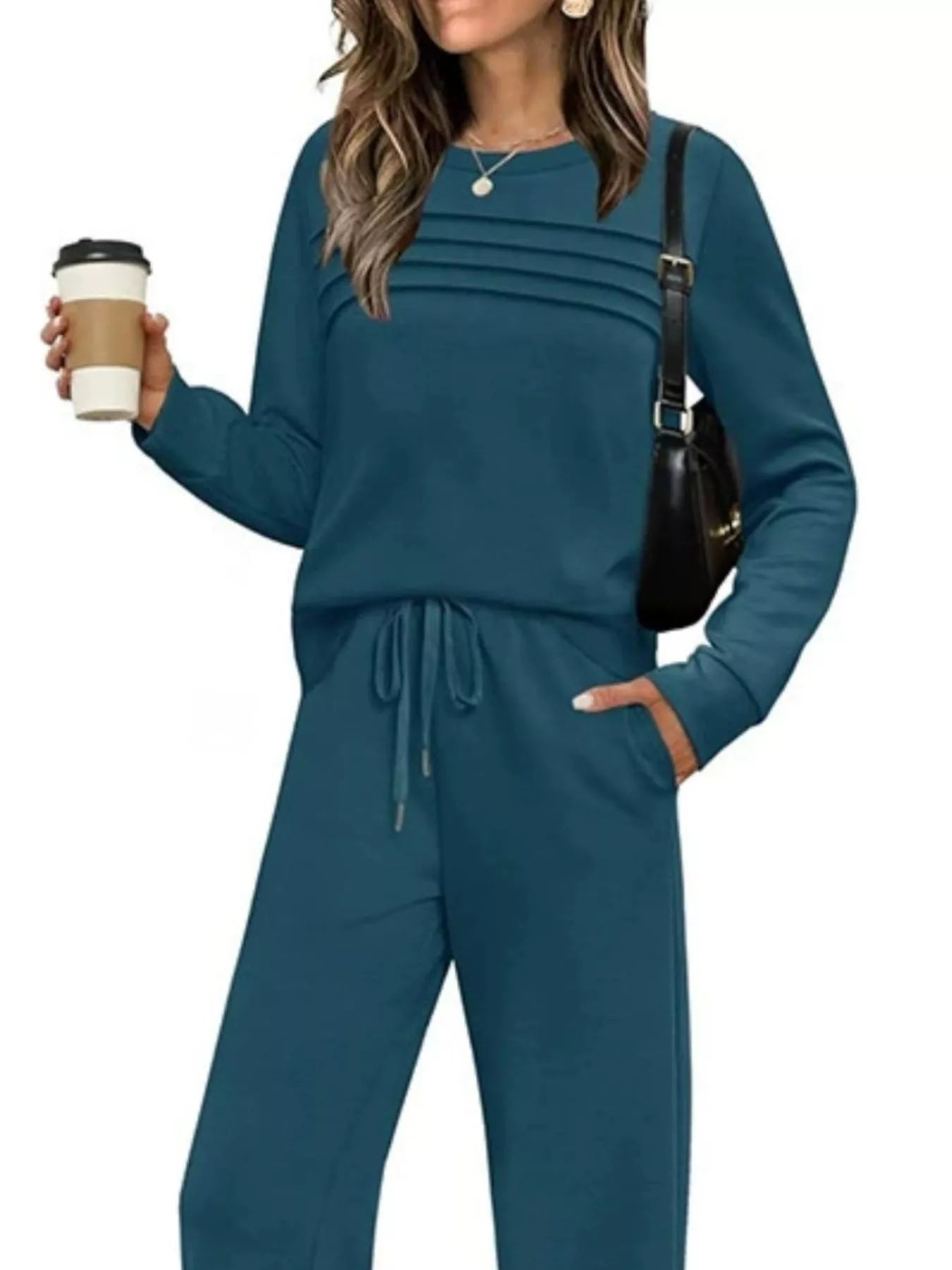 Full Size Casual Long Sleeve Crewneck Top and Drawstring Pants Set Plus Size