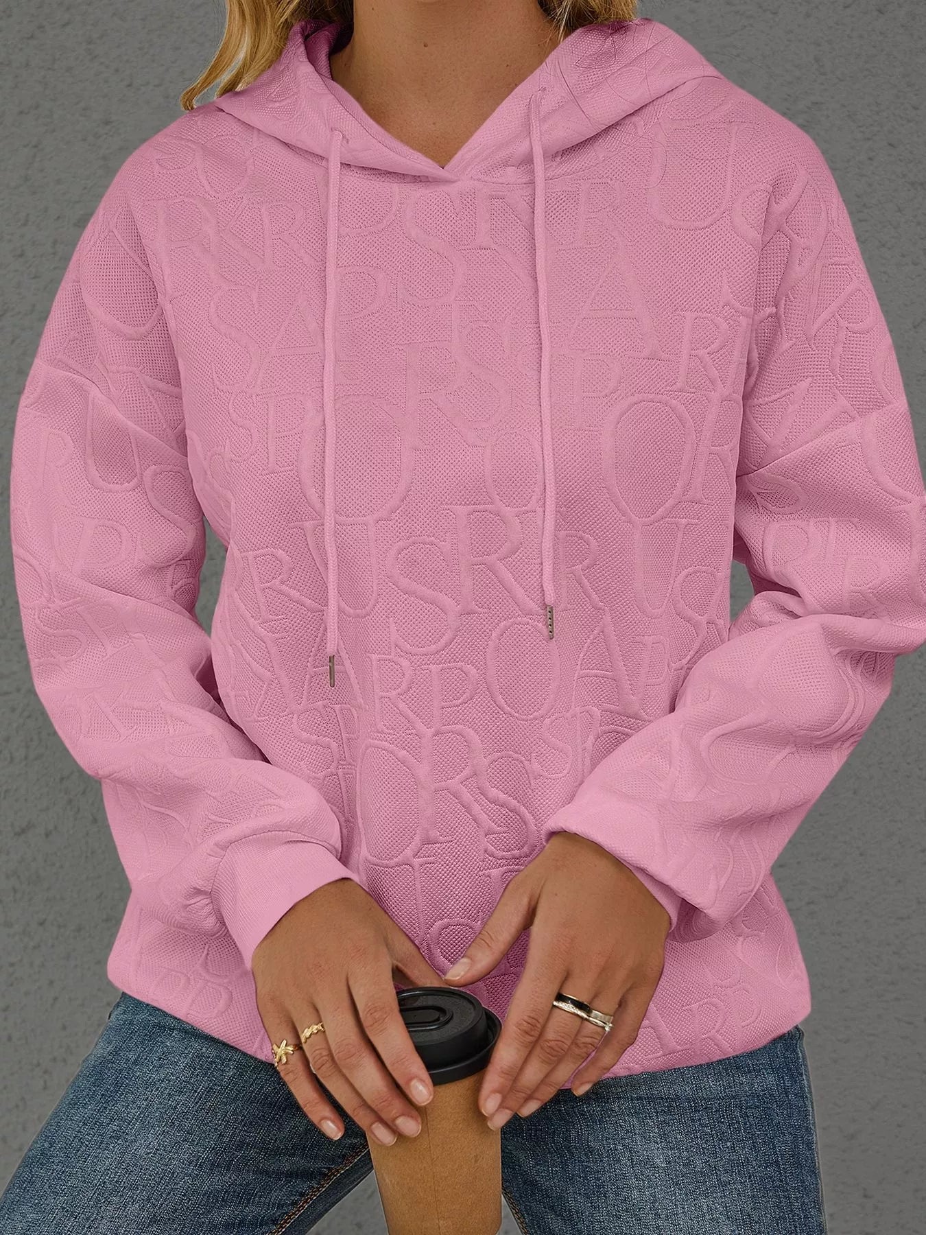 Full Size Embossed Lettering Casual Hoodie Plus Size