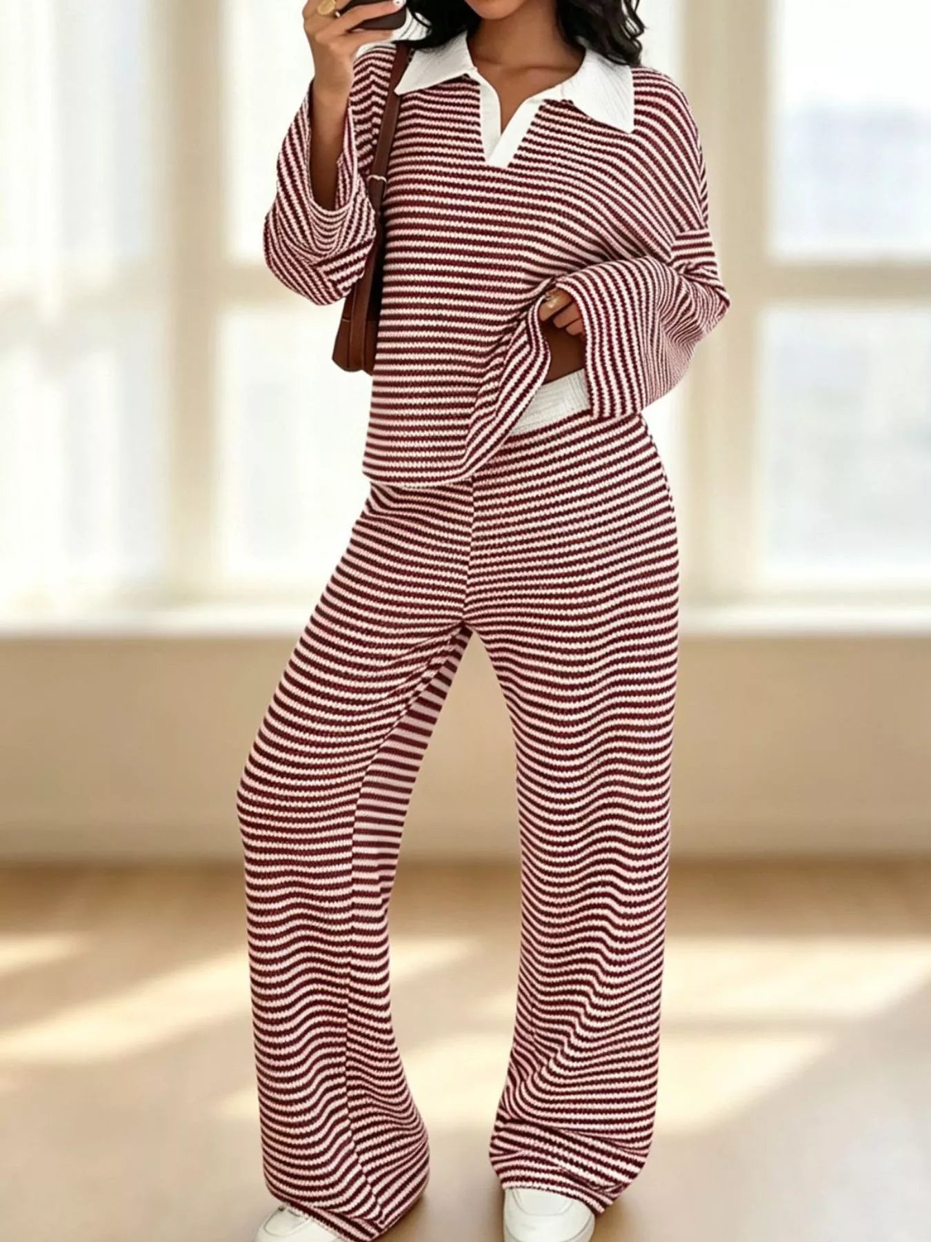 Striped Long Sleeve Polo and Wide-Leg Pants Set