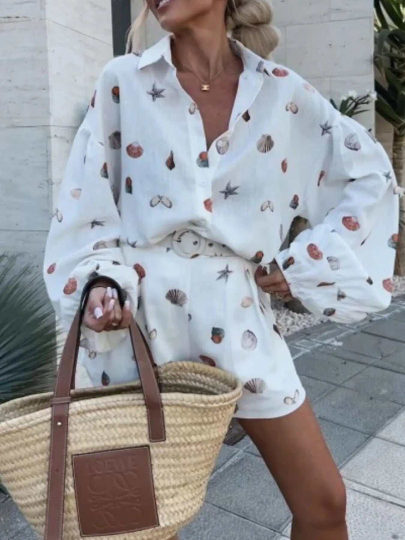 Shell Print Long Sleeve Shirt and Belt Shorts Set