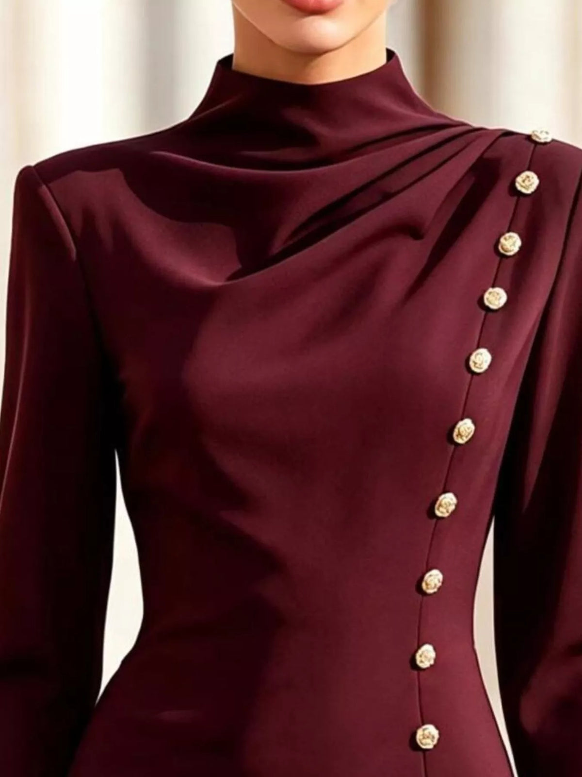 Mock Neck Long-Sleeve Bodycon Dress with Gold-Tone Button Detailing