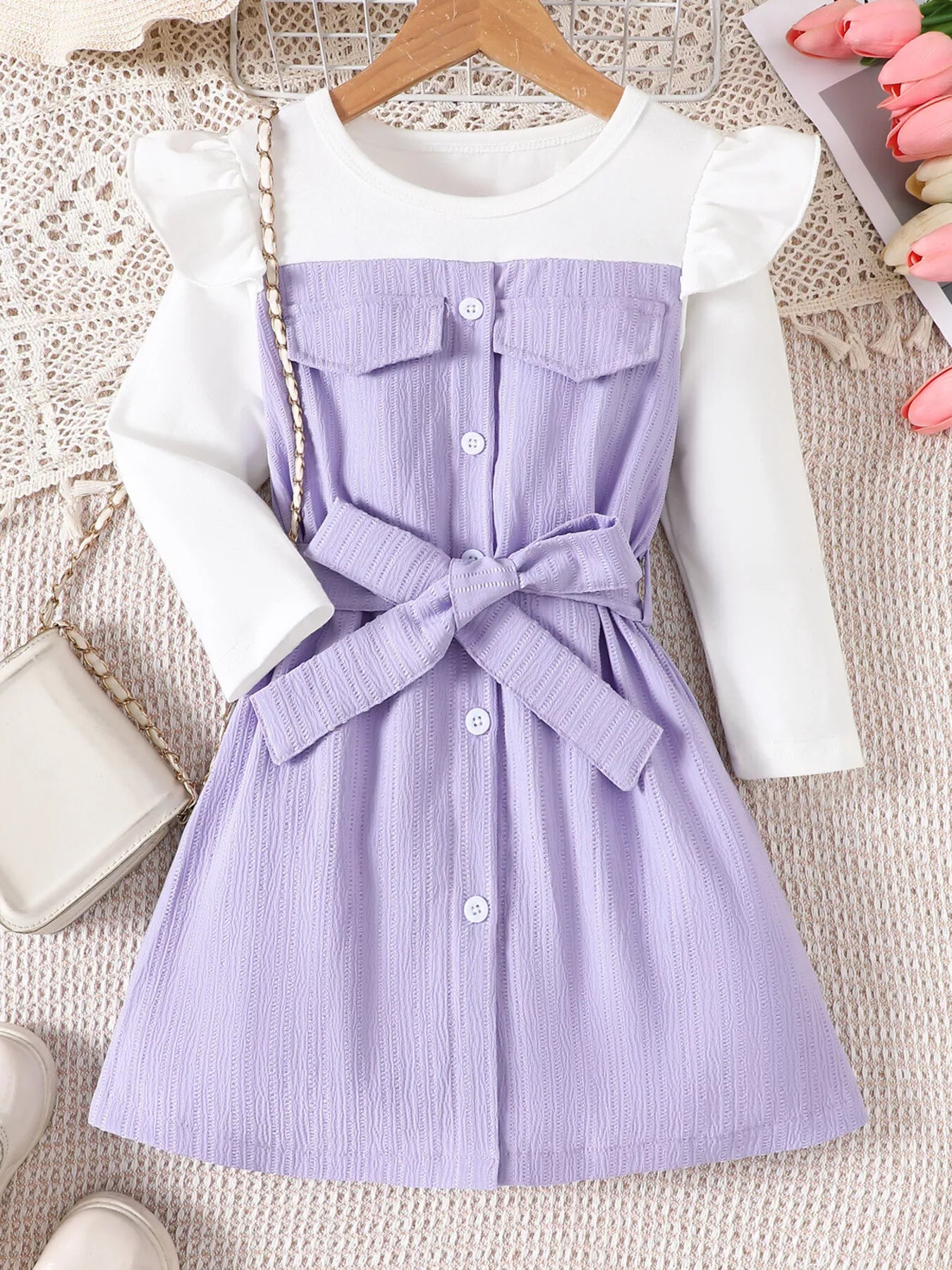 Children's Ruffled Bow Long Sleeve Dress