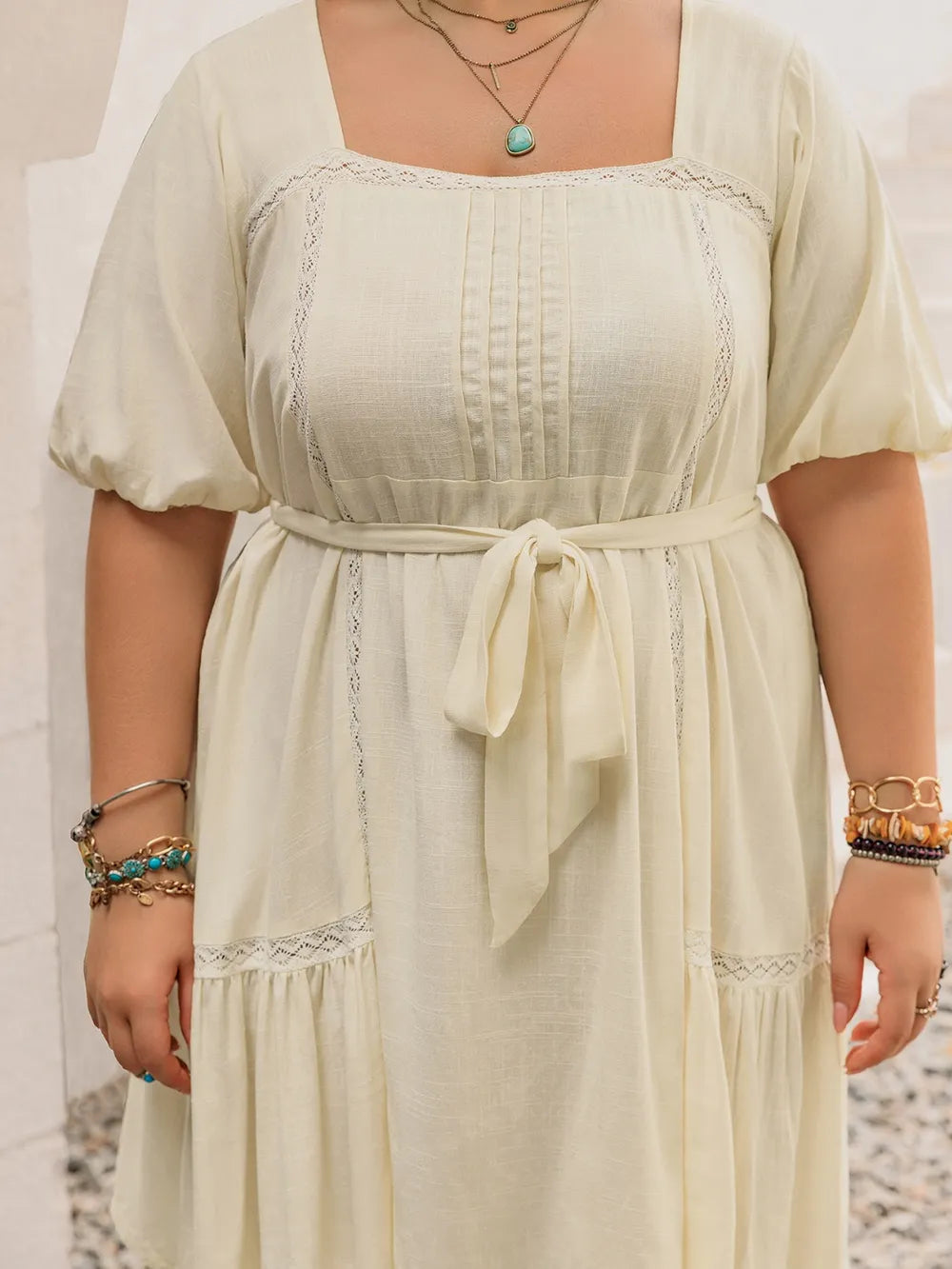 Plus Size Lace Detail Square Neck Puff Sleeve Mini Dress