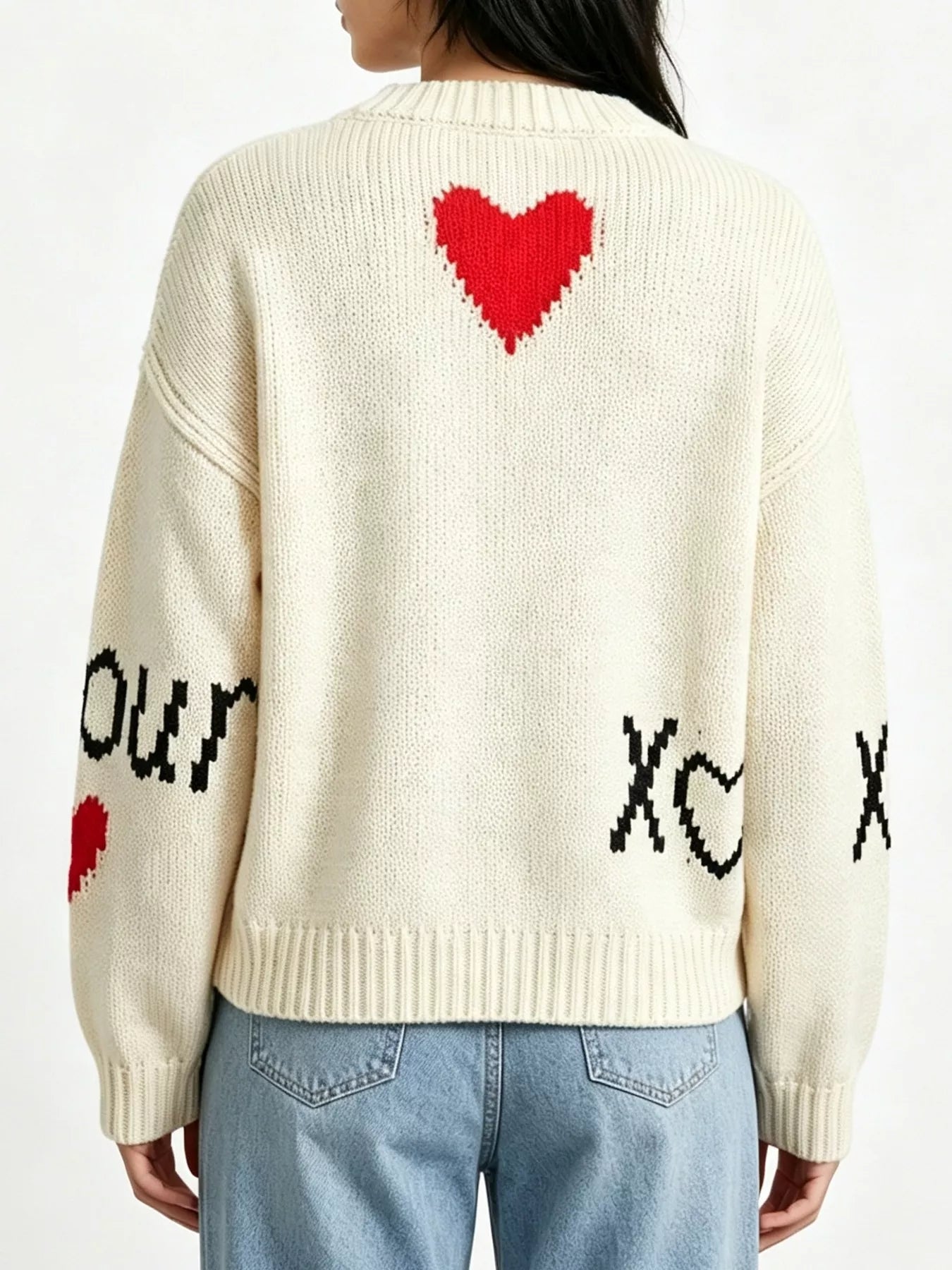 Heart Round Neck Ribbed Sweater