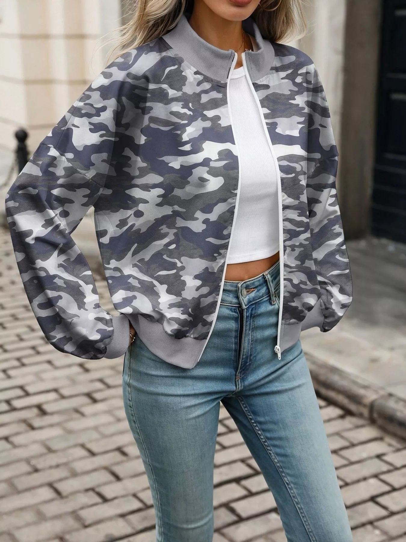 Printed Zip Up Long Sleeve Sweatshirt