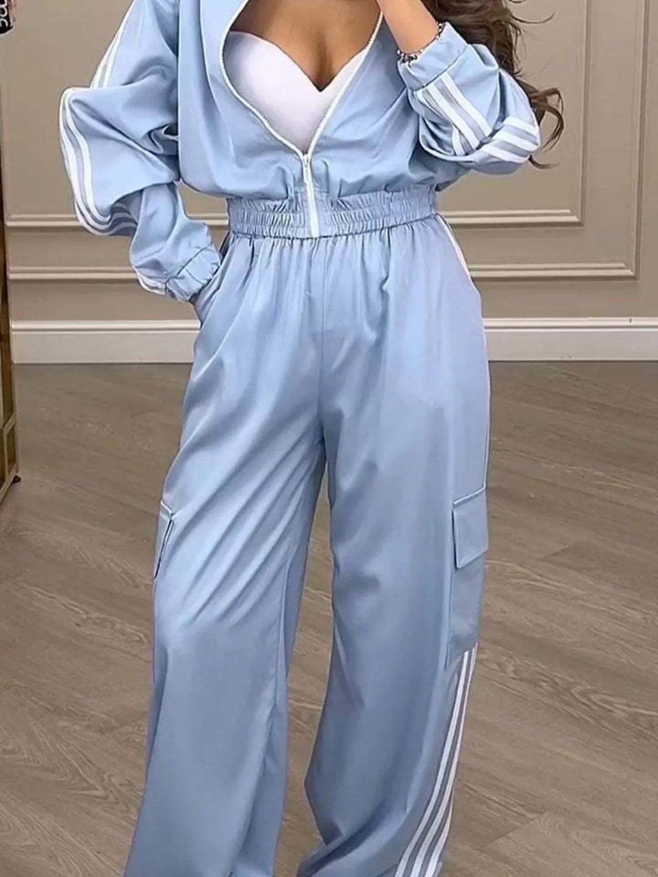 Full Size Side Striped Zip Up Outerwear and Pants Set Plus Size