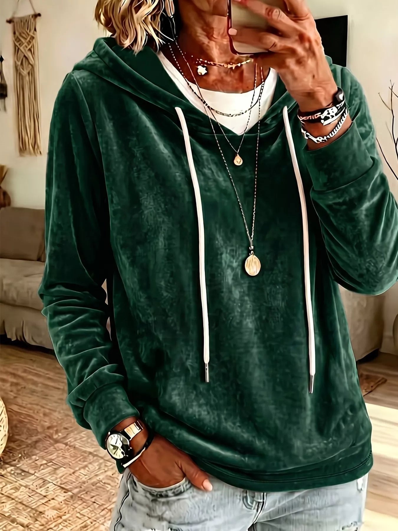 Full Size Drawstring Velvet Long Sleeve Hoodie Plus Size