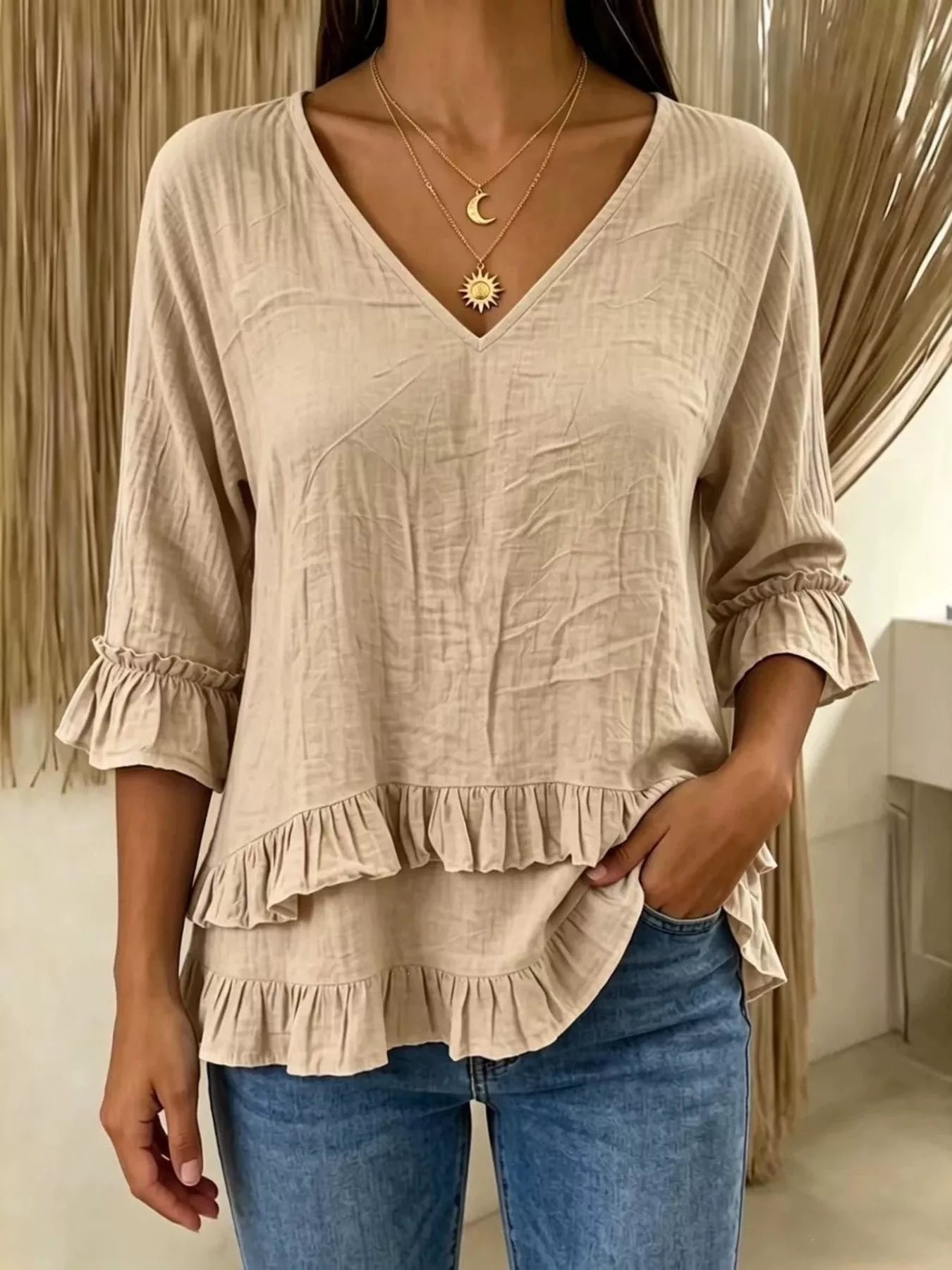 V-Neck Ruffle Sleeve Top