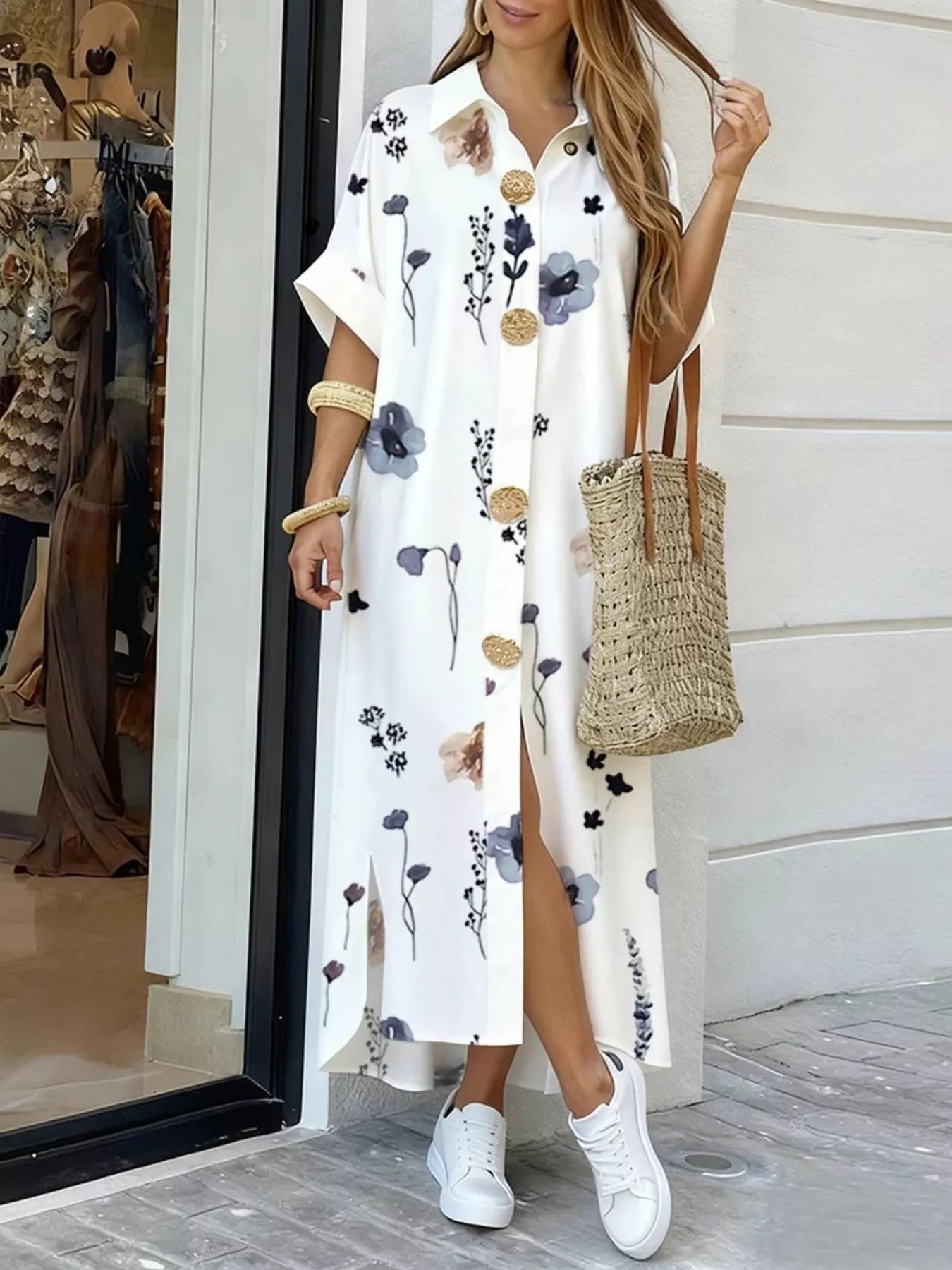 Floral Print Button-Down Maxi Shirt Dress