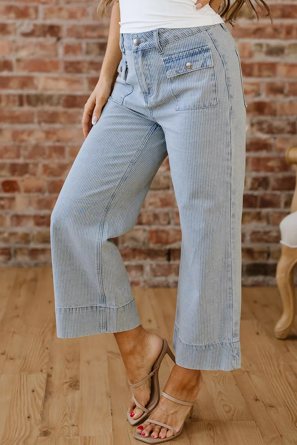 Striped Wide-Leg Cropped Jeans