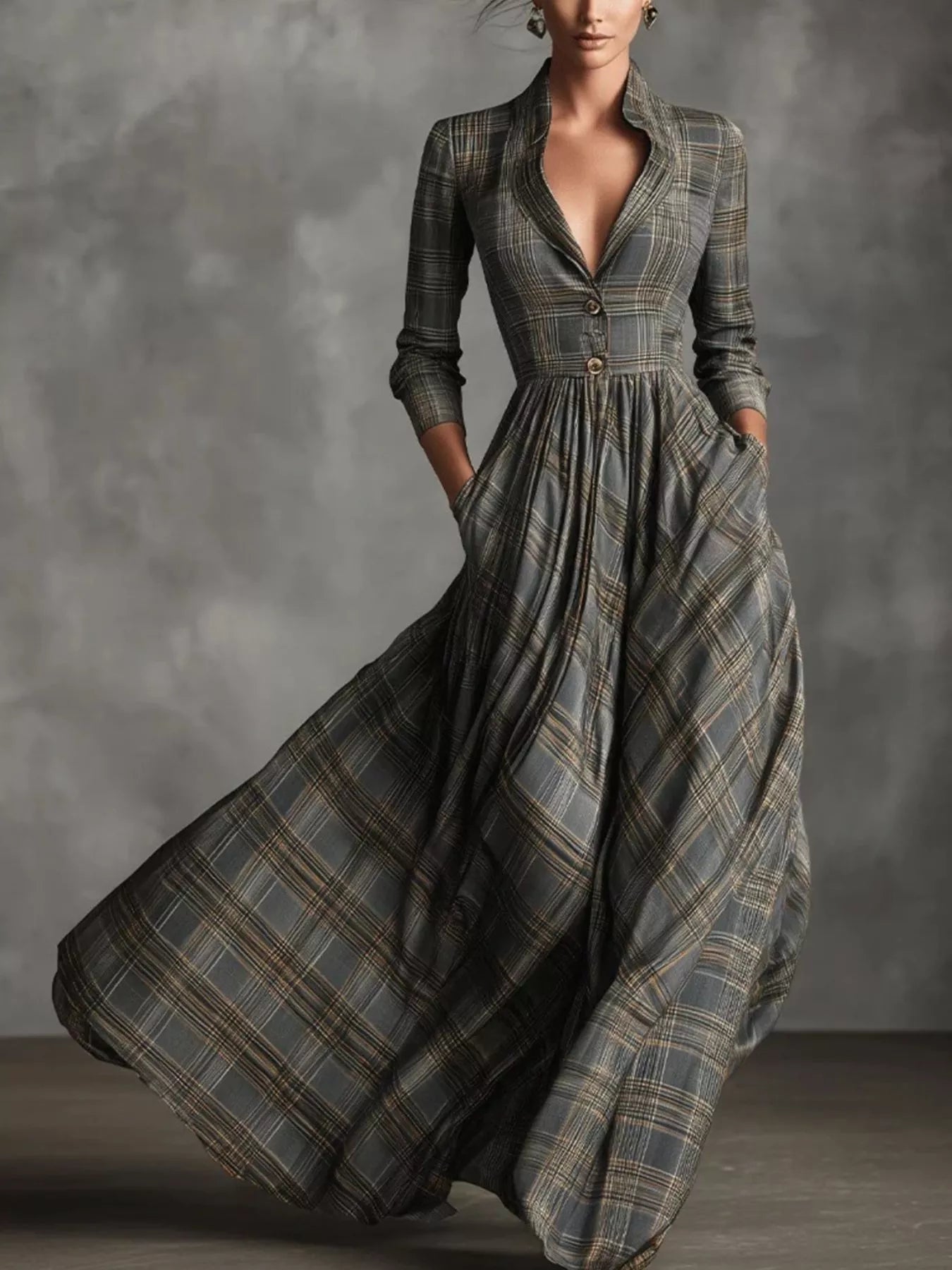 Plaid Lapel Maxi Dress with Pockets