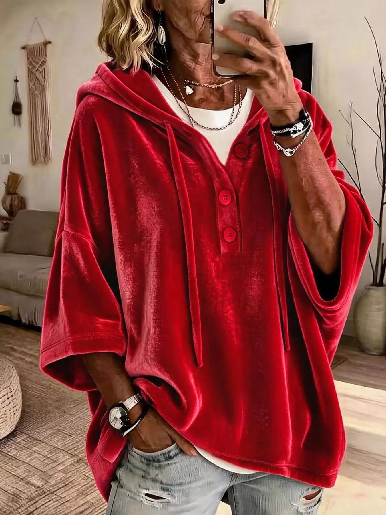 Full Size Velvet Button Detail Drawstring Hoodie Plus Size