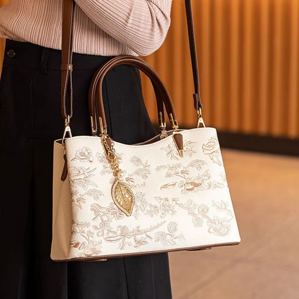 Embroidered Floral Leather Handbag