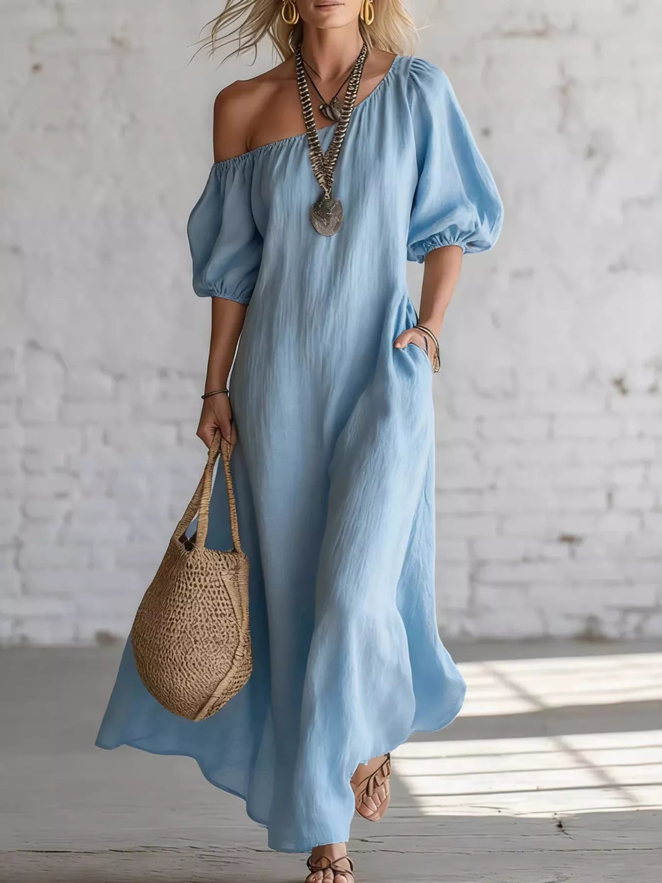 One-Shoulder Puff Sleeve Maxi Dress