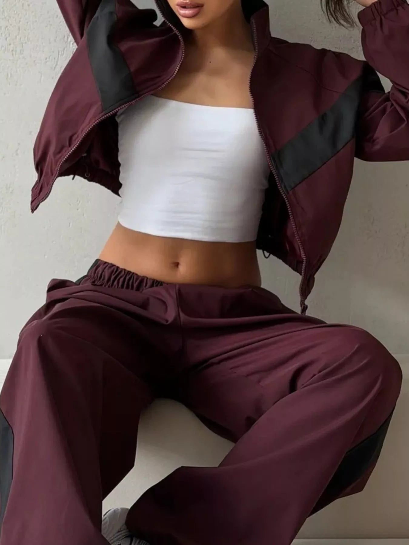 Color Block Zip Up Outerwear and Pants Set