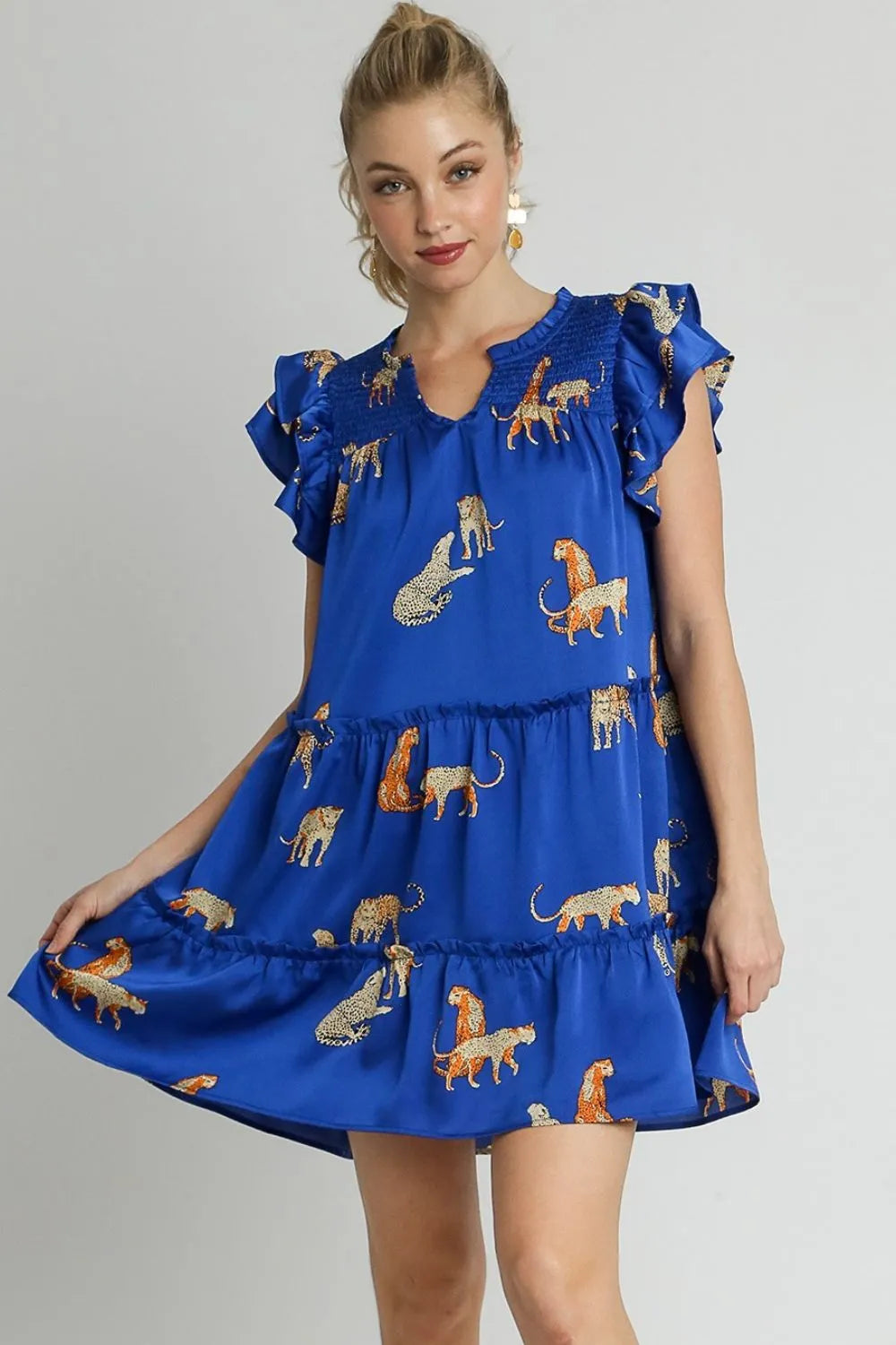 Umgee Full Size Cheetah Print Notched Ruffle Layered Cap Sleeve Mini Dress Plus Size