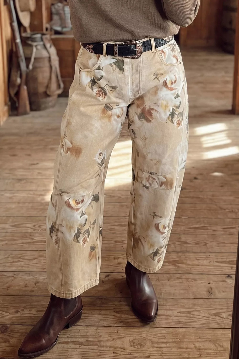 Retro Floral Print Relaxed Barrel Jeans