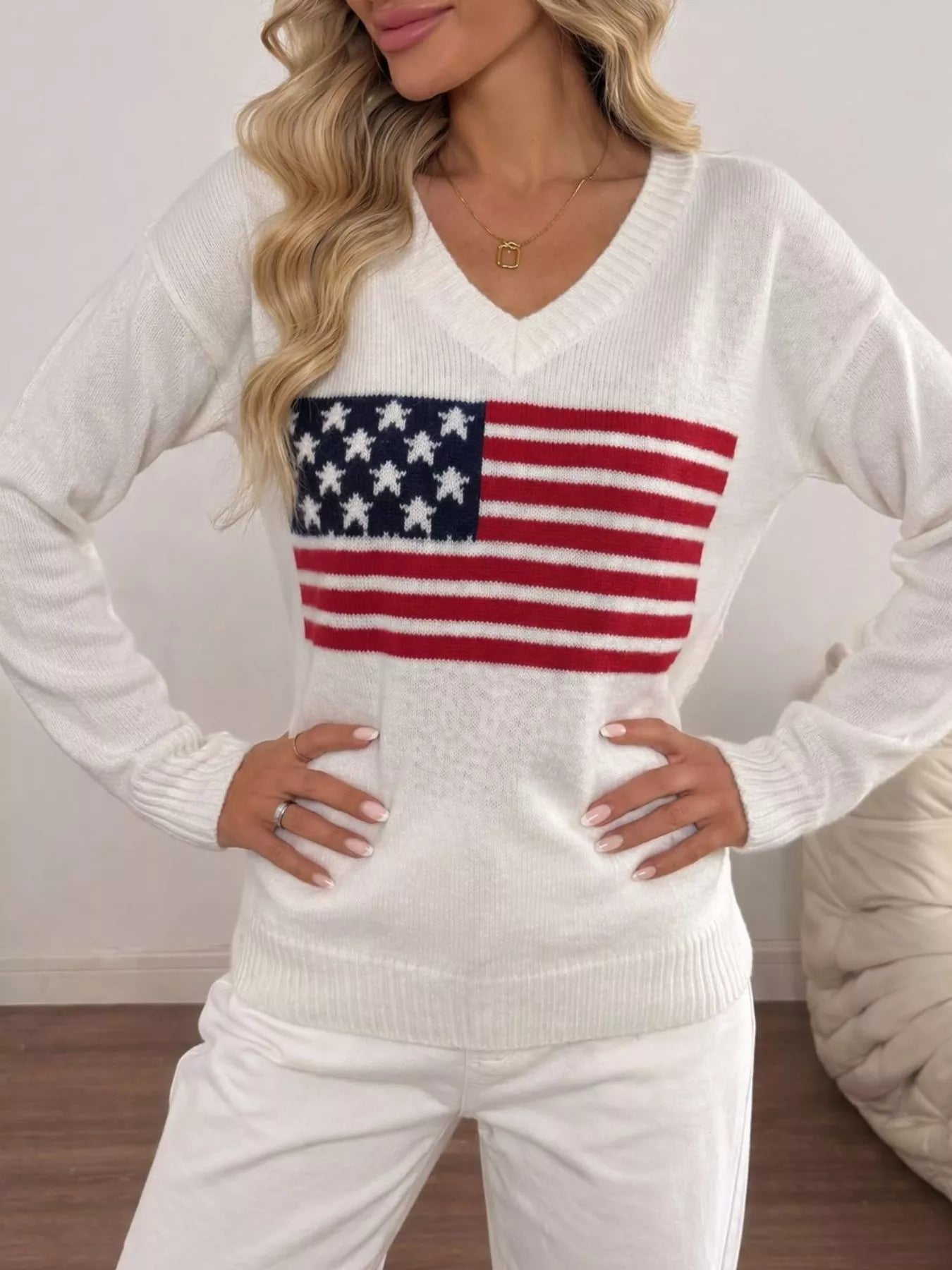 American Flag V-Neck Knit Top
