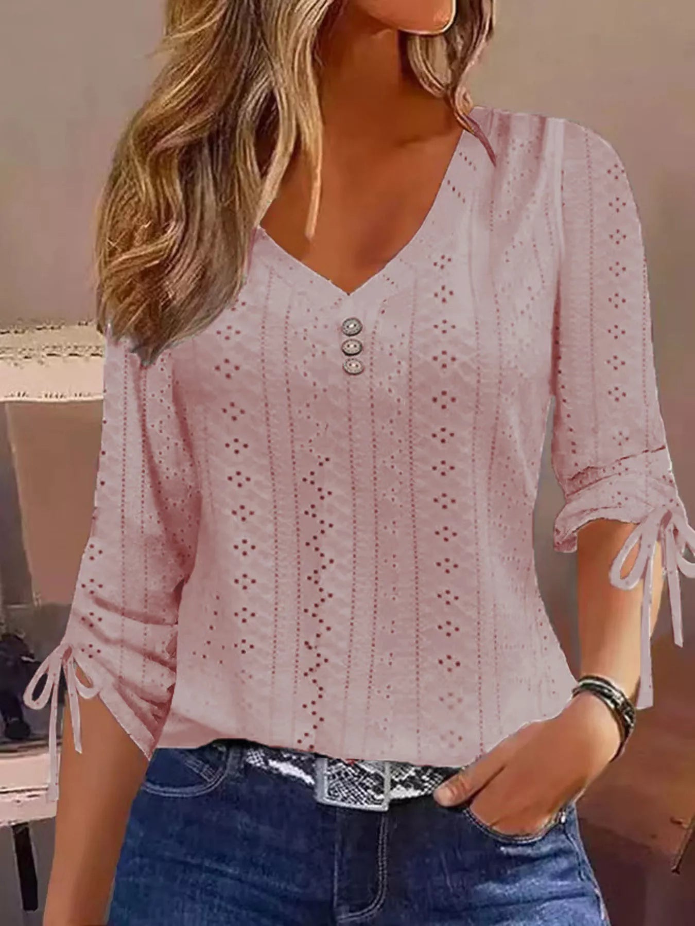 Full Size V-Neck Eyelet Drawstring Sleeve Top Plus Size